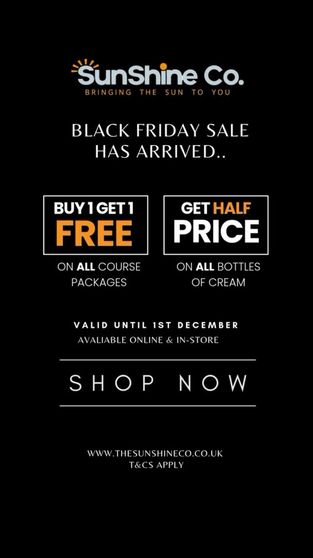 Our BIGGEST SALE OF THE YEAR has arrived! 🖤

Shop BUY 1 GET 1 FREE off of all courses and get any bottle of cream just HALF PRICE! 😍

Our ultimate offer is available to buy online or instore until 1st December at midnight. Enjoy and soak up that Vitamin D! 

Tag your tanning bestie! <3

#sale #blackfriday #blackfridaysale #sale